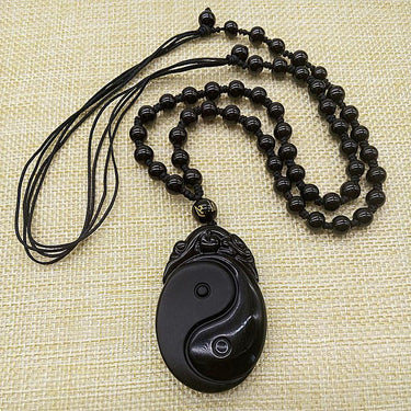 Obsidian Carved Yin and Yang Pendant Necklace